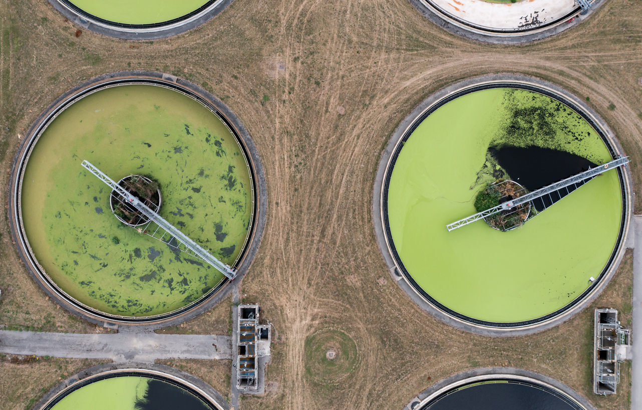 An aerial view directly above a waste water treatment works